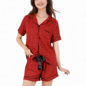 Anna-Kaci Women's Short Sleeve Button-Up Plaid Pajama Set with Drawstring Shorts - 1 of 4