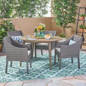 Christopher Knight Home Torrence Outdoor Acacia Wood and Wicker 5 Piece Dining Set with Cushion - 1 of 4