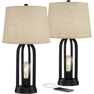 360 Lighting Industrial Table Lamps 24.25" High Set of 2 with USB Charging Port and Nightlight LED Black Burlap Shade for Living Room Bedroom