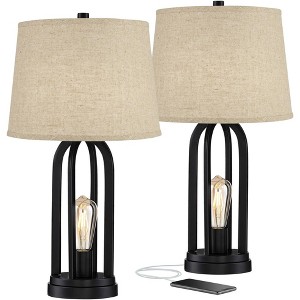 360 Lighting Marcel Industrial Table Lamps 24 1/4" High Set of 2 Black with USB Port LED Nightlight Burlap Drum Shade for Bedroom Living Room Desk - 1 of 4