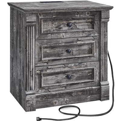 SinCiDo Farmhouse Nightstand w/ Charging Station 26" T Nightstand,23.6" W Roman Column Design,3 Drawer Storage Dresser w/ Metal Handles