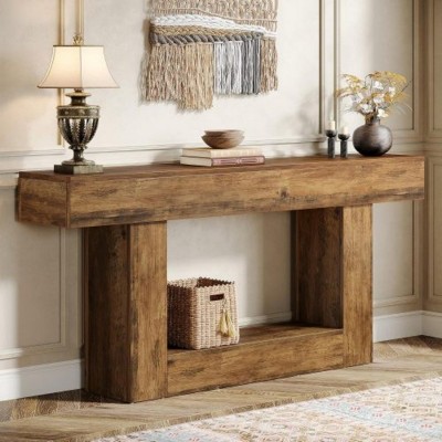Syemin Console Tables Console Table, Farmhouse 2-Tier Entryway Table with U-Shaped Base, Narrow Long Sofa Table Couch Table, Brown, 63"*11.81"*32.28"