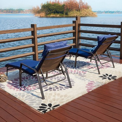 Blue Metal Chaise Lounge Set with Cushions and Table