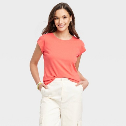 Women's Short Sleeve Square Neck Fitted Seamless T-shirt - Wild Fable™  Coral L : Target