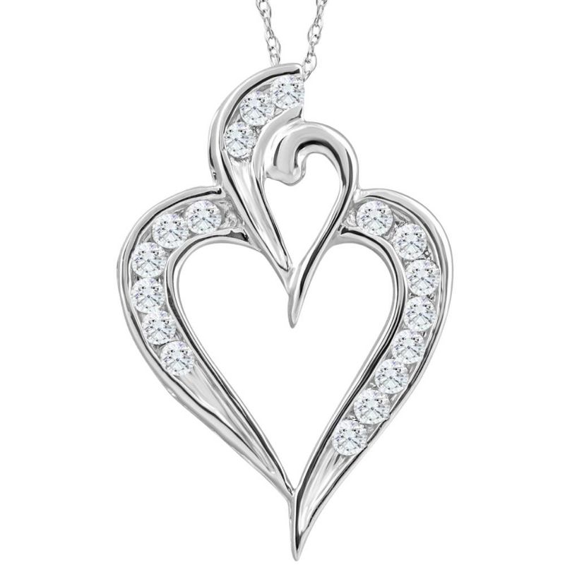 Pompeii3 10K White Gold 1/2Ct TW Real Diamond Heart Pendant Necklace 1" Tall, 1 of 6