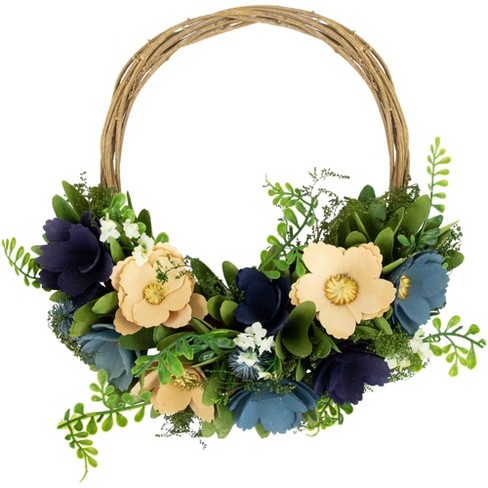 Northlight 12" Blue and Tan Poppy Floral Wooden Spring Basket Wreath - image 1 of 4