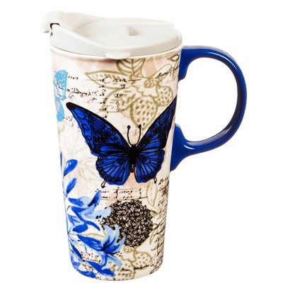 Evergreen Cypress Home Ceramic Travel Cup 17oz. Blue Floral Study