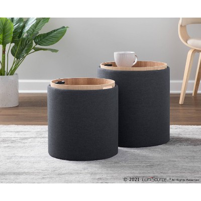Charcoal and Natural Fabric Tray Nesting Ottoman Set