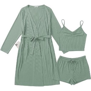 Ekouaer Rib Knit Pajamas Set for Women 3 Piece Lounge Sets Soft Cami and Shorts Pjs with Cardigan Loungewear - 1 of 4