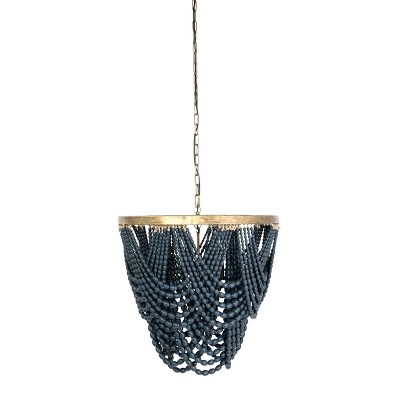 Blue Wood Bead 2-Tier Chandelier with Gold Frame