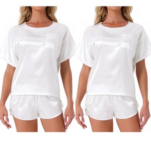 INSPIRE CHIC Women's 2 Pcs Lounge Sets Satin Silky Short-Sleeve Tee with Side-Slit Elastic Shorts Sleepwear - 1 of 4