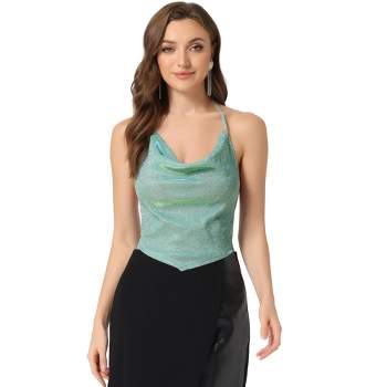 Allegra K Women's Sequin Shiny Glitter Crop Short Sleeves Tassel T-shirt  Green Small : Target
