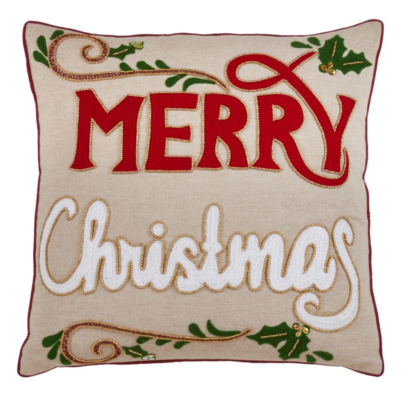 Saro Lifestyle Merry Christmas Pillow - Down Filled, 18" Square, Natural, 1 of 3