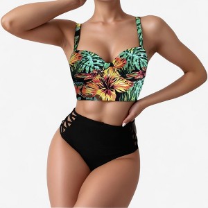 Anna-Kaci Women's Tropical Print Longline Bikini Top with High Waist Bottom and Lattice Side Details - 1 of 3