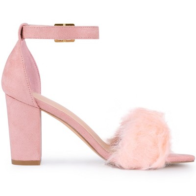 BLISSFUL STEP Women's Ankle Strap Faux Fur Open Toe Chunky Heel Sandal