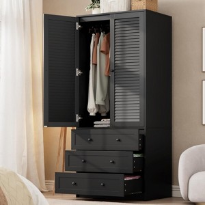 Armoire Wardrobe Closet Wooden Wardrobe Cabinet with 3 Drawers Hanging Rod 2 Doors Clothing Storage Cabinet Large Capacity Storage - 1 of 4