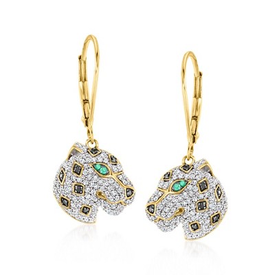 Ross-Simons 0.75 ct. t.w. Black and White Diamond Leopard Drop Earrings With Emeralds in 18kt Gold Over Sterling