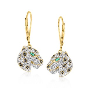 Ross-Simons 0.75 ct. t.w. Black and White Diamond Leopard Drop Earrings With Emeralds in 18kt Gold Over Sterling - 1 of 2