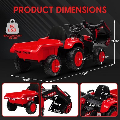 Red 12V 3 in 1 Kids Ride On Excavator Tractor With Detachable Trailer Remote Control Led Lights  Music And Safety Features Red