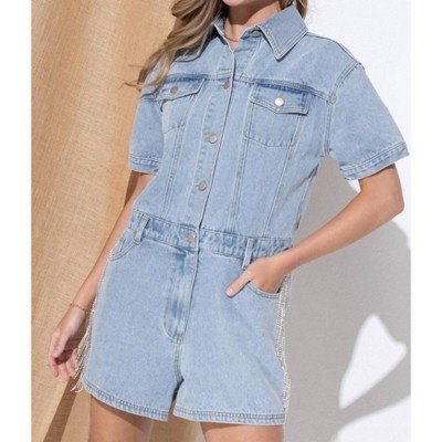 Women's Washed Denim Overall Romper - Blue B