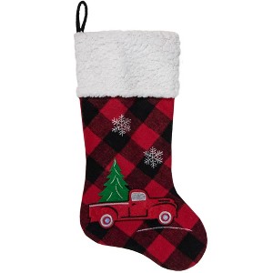 Northlight 20.5" Red and Black Plaid Christmas Stocking With a Vintage Truck - 1 of 2