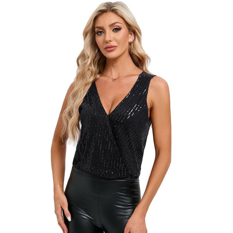 Women's Sparkly Sequin Sleeveless Tank Top - Deep V Backless Sexy Top Wrap Glitter Party Shirt for Holiday, 1 of 9
