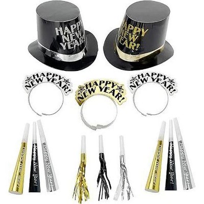 4E's Novelty NYE Party Supplies 2025 for 10 guests: 20 PCS sets with 5 Hats, 5 Tiaras, and 10 Noisemakers in Black, Gold, and Silver