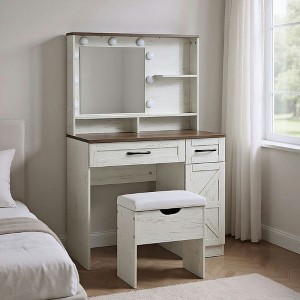 Resenkos Farmhouse Makeup Vanity Desk with Mirror and Lights, 3 Lighting Modes, Vanity Set with Stool White - 1 of 4