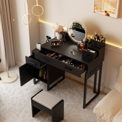 Aheaplus Vanity Desk with 4 Storage Drawers, Modern Makeup Vanity Table with Charging Station