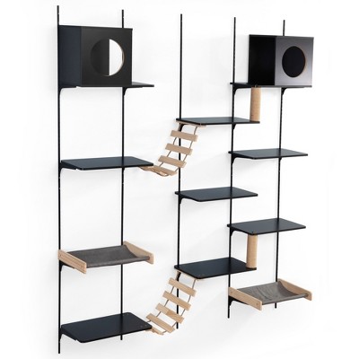 Sevobal Pet Tower, Modern Wall-Mounted Cat Shelves with Cat House, Bridge, Steps, Stable Cat Climber for Indoor, Black, 17.76"*9.92"*12.77"