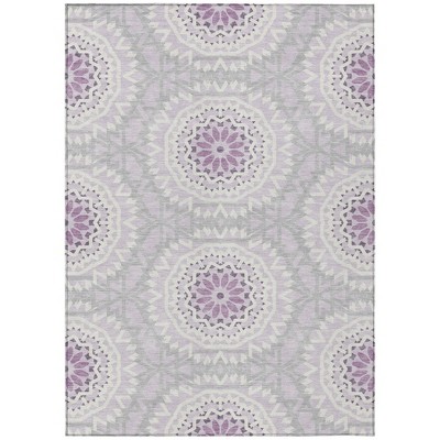Lilac Purple And Ivory Floral Medallion Washable Indoor Outdoor Area Rug