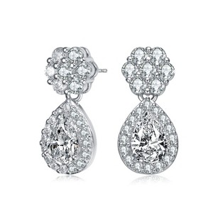 Guili Sterling Silver Rhodium Plated Clear Pear and Round Cubic Zirconia Halo with Flower Post Drop Earrings, a Delicate and Feminine Beauty - 1 of 3
