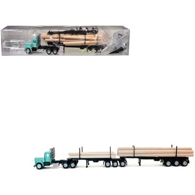 Peterbilt Super B Log Truck and Trailer Blue with Log Accessories 1/87 (HO) Scale Plastic Model Car by Promotex