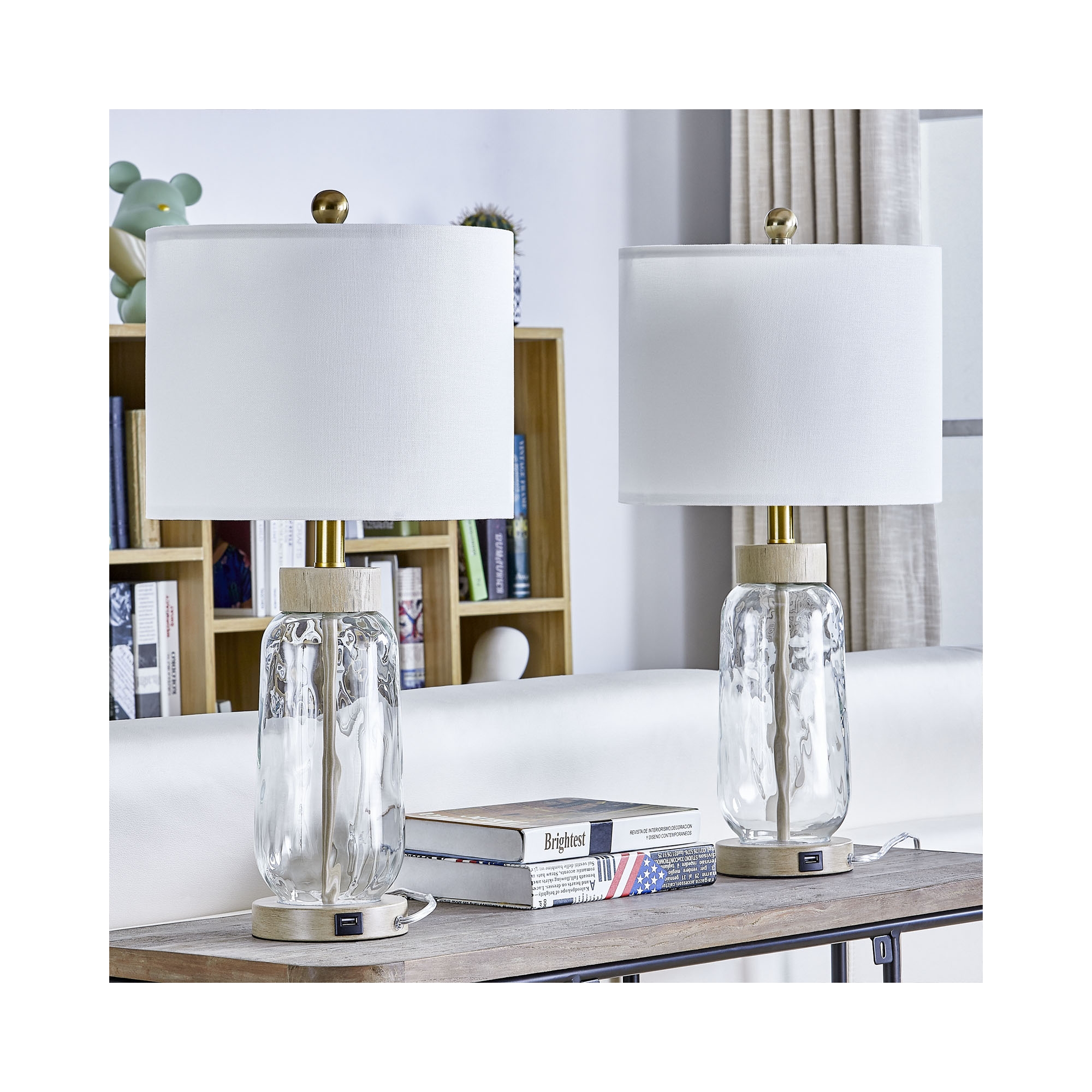 Maxax Wood Grain and Clear Glass Table Lamp Set of 2 with USB Ports, 3-Way Modern Bedside Lamps for Living Room, Bedroom