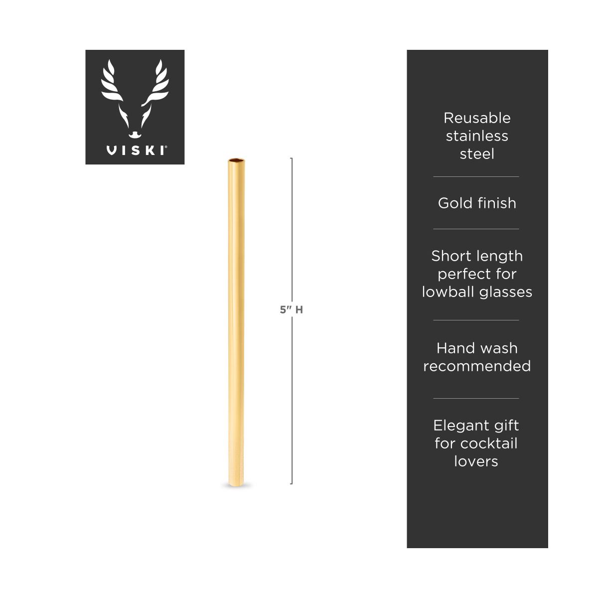 Viski Set of 6 Gold Stainless Steel Straws, 5” Reusable Short Metal Straws for Lowball Glasses, Anniversary, Home Bar Tools, Gifts for Cocktail Lovers - thumbnail 3