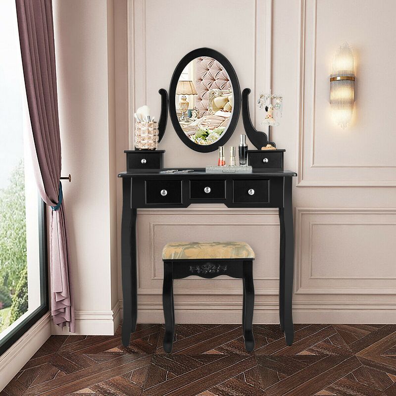 Costway Vanity Table Dressing Table 5 Make Up Table Stool, 3 of 11