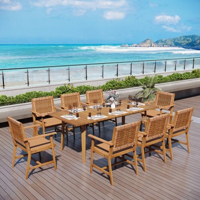 Captiva Designs 9 Pc Patio Outdoor Wood Dining Set with 8 Rattan Chairs & 1 Acacia Wood Rectangular Table