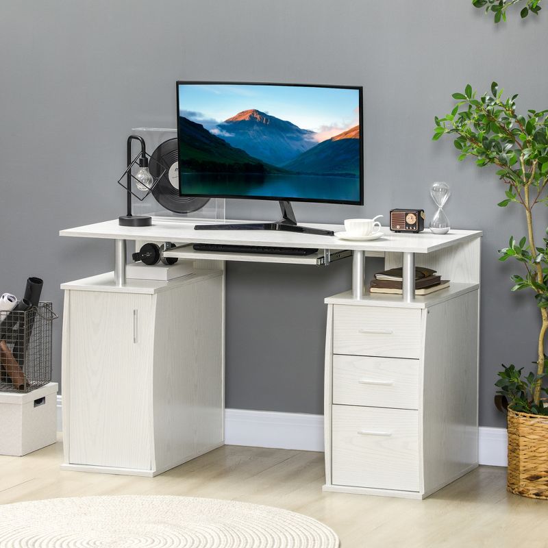 HOMCOM 47" Computer Desk with Keyboard Tray and Storage Drawers, Home Office Workstation Table with Storage Shelves, 2 of 7