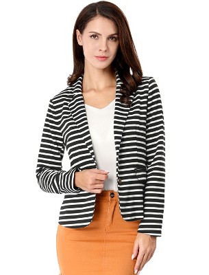 Allegra K Women's Notched Lapel Button Closure Striped Blazer Black L ...