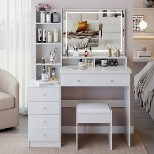 FONTOI 29.2"W/37"W/41"W Makeup Vanity Table with Left Drawer Stool Large Sliding Mirror Capacity Storage for Bedroom Dressing Room, White/Black - 1 of 4