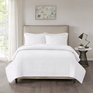 3Pcs Reversible coverlet Set Soft Microfiber Quilted Check Pattern Hypoallergenic Polyester Fill - 1 of 4