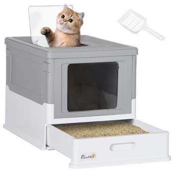 PawHut Hooded Cat Litter Box with Scoop, Enclosed Cat Litter Tray with Front Entry, Top Exit, Portable Pet Toilet with Large Space