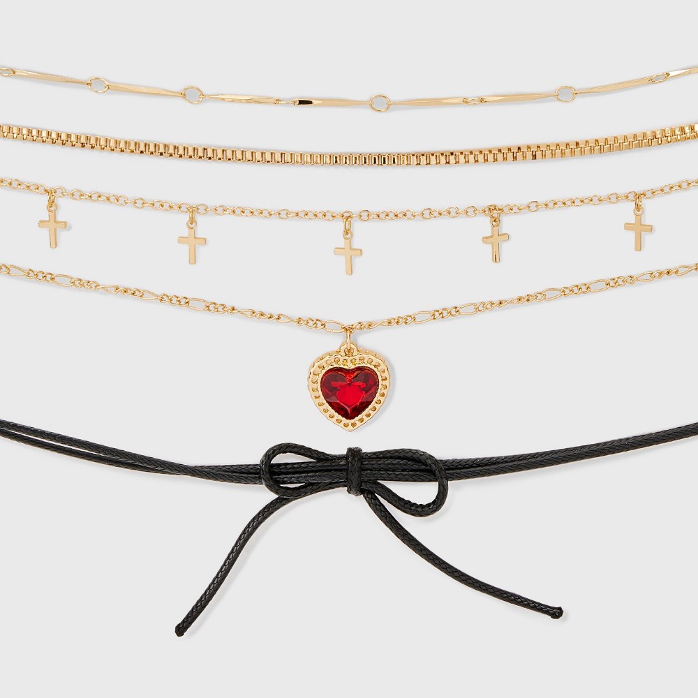Heart Charm and Wrapped Bow Choker Necklace Set 5pc - Wild Fable™ Gold
