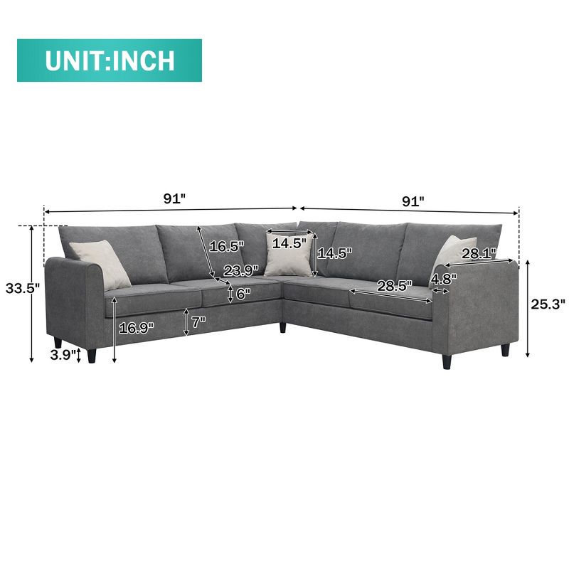 Modern Upholstered Living Room Sectional Sofa, With 3 Pillows, Gray - ModernLuxe, 3 of 15