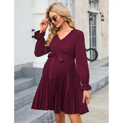 Maternity Long Puff Sleeve Pleated Dress V Neck Ruffle Casual Flowy Belted Baby Shower Midi Dress