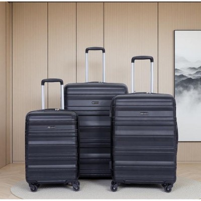 Vynxaria 3-Piece Black PC Expandable Luggage Set 21/25/29" with Two Hooks Spinner Wheels TSA Lock