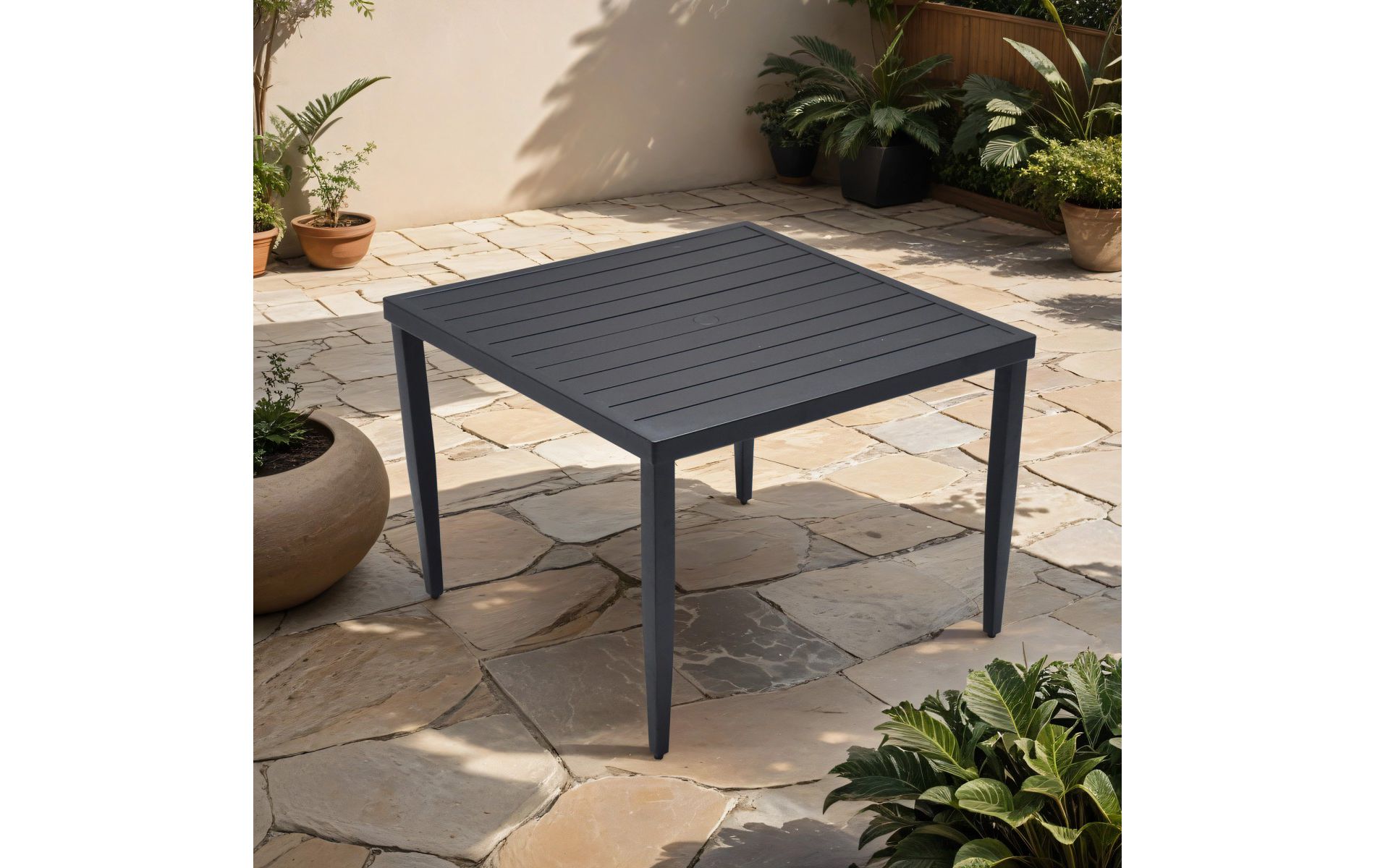 40" Outdoor Patio Dining Table, Black Aluminum Square Table with Umbrella Hole, Rust-Resistant Table for Backyard or Deck - Panipeachy
