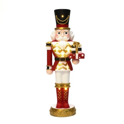 LuxenHome Lighted Red Nutcracker Soldier with Presents, Battery Operated Holiday Decoration
