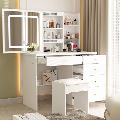 FUFU&GAGA LED Dimmable Mirror Dresser Dressing Table with Drawers Stool