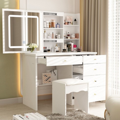 Fufu gaga White Led Dimmable Mirror Dresser Dressing Table With Drawers Stool Target